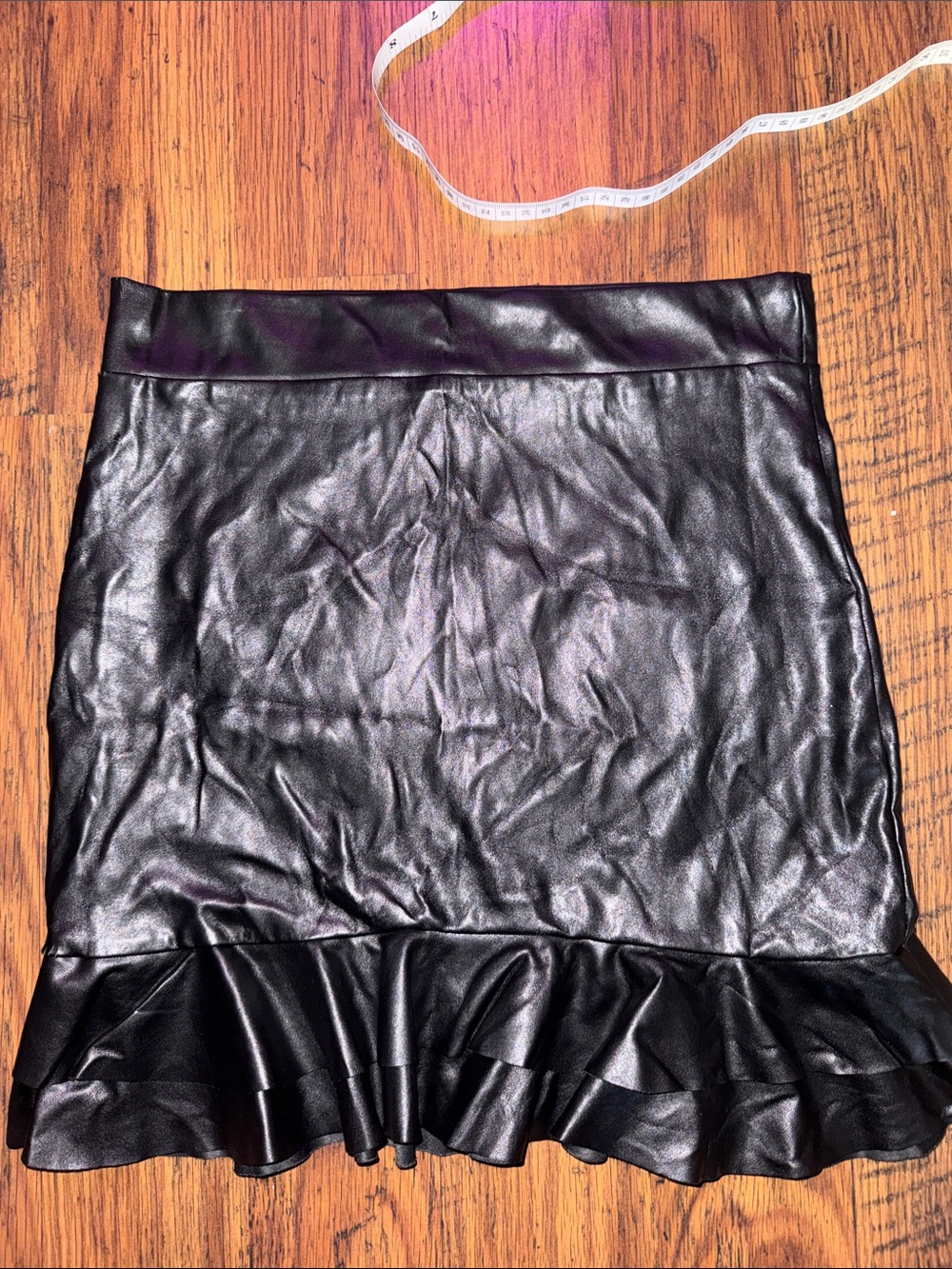 PrettyLittleThing Black Faux Leather Ruffle Hem Mini Skirt 17.M